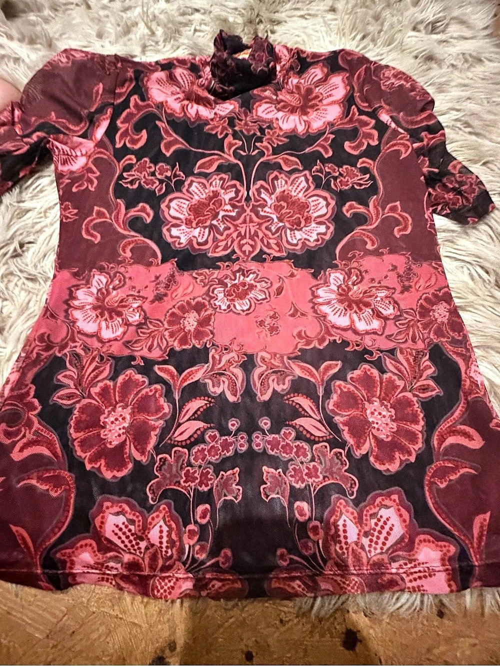 Johnny Was Mesh Elbow Sleeve Mock Neck Floral Top Red & Black Medium